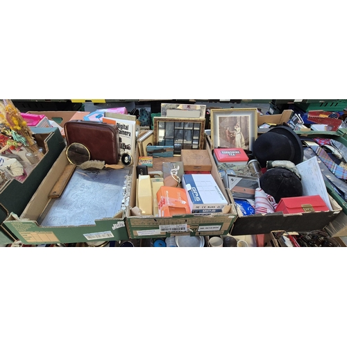 178 - 3 Boxes containing cigar boxes, vintage hats, metal etching etc