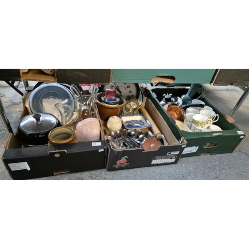 188 - 3 Boxes containing kitchenware including cutlery, mugs, egg poaching pan etc