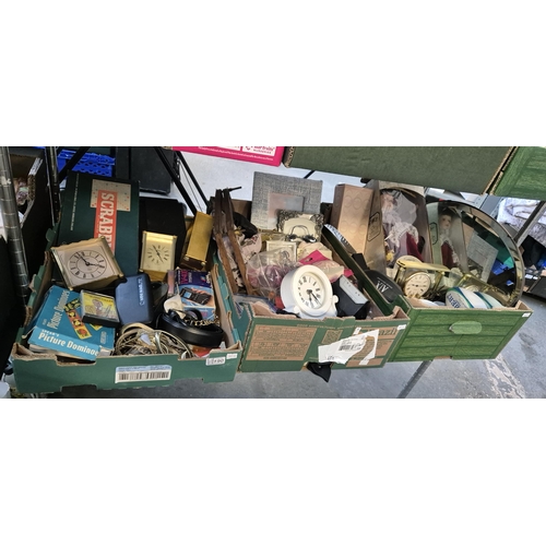 190 - 3 Boxes containing clocks, vintage games, Armani Exchange sunglasses etc