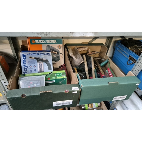 213 - 2 Boxes containing tools including a blowlamp, mini hedge trimmer etc