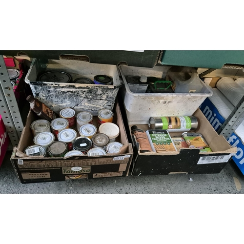 214 - 2 Boxes containing paint and wood treatment products including Cuprinol and Ronseal