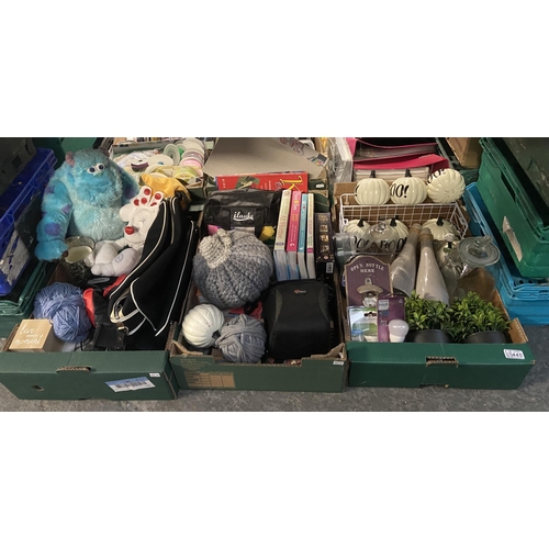 445 - 3 Boxes containing knitting yarn, home decor items, cooking books etc