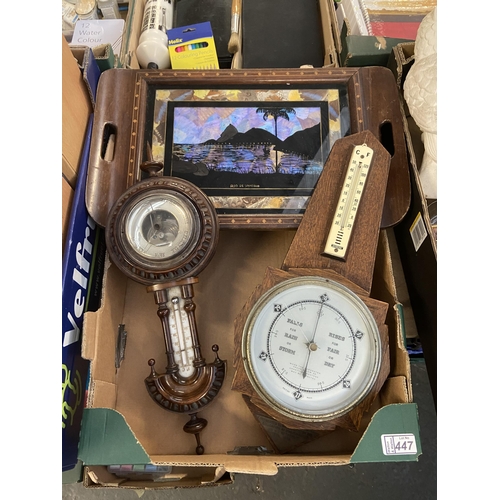 447 - Box containing 2 barometers and an ornate wooden serving tray
