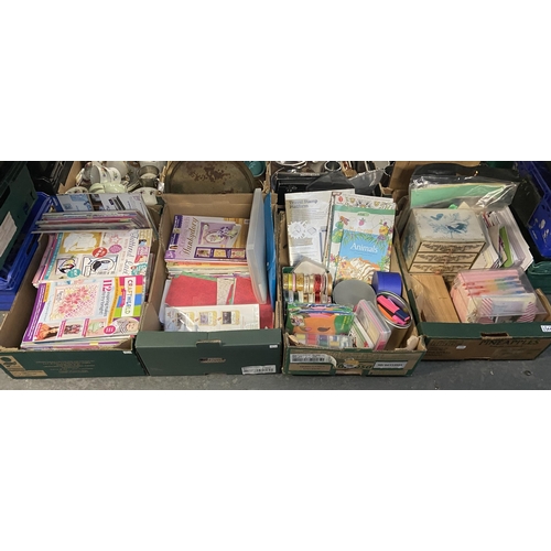 448 - 4 Boxes containing crafting supplies and magazines including ribbon, colouring books, glitter etc