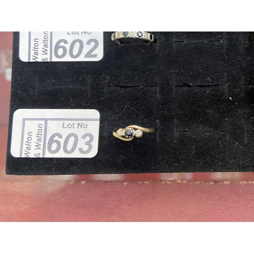 603 - 9ct gold diamond sapphire ring, size M 1/2 - Only 10% buyer's premium