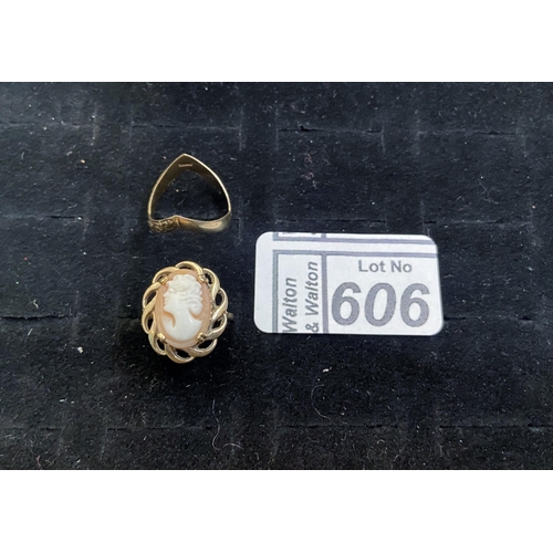 606 - 9ct gold wishbone and cameo rings - Only 10% buyer's premium