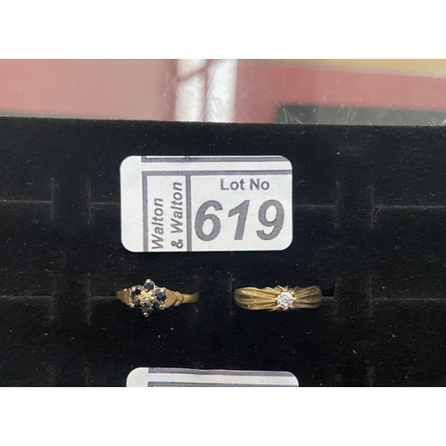 619 - 2 Ornate 9ct gold rings including diamond - Only 10% buyer's premium