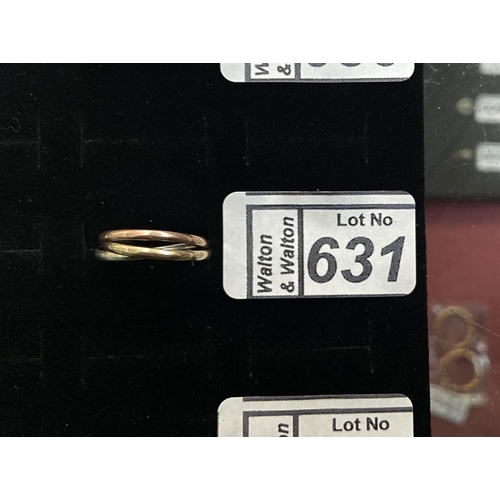 631 - Tricolour 9ct Gold ring, size P - Only 10% buyer's premium