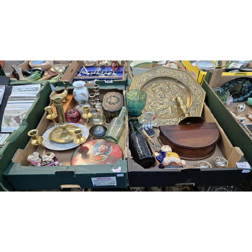 64 - 3 Boxes containing brass ware, curios and a glass bottle