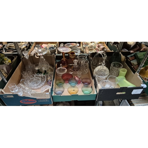 68 - 3 Boxes containing vintage coloured glassware and decanters