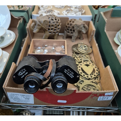 71 - Box containing horse brasses and binoculars etc