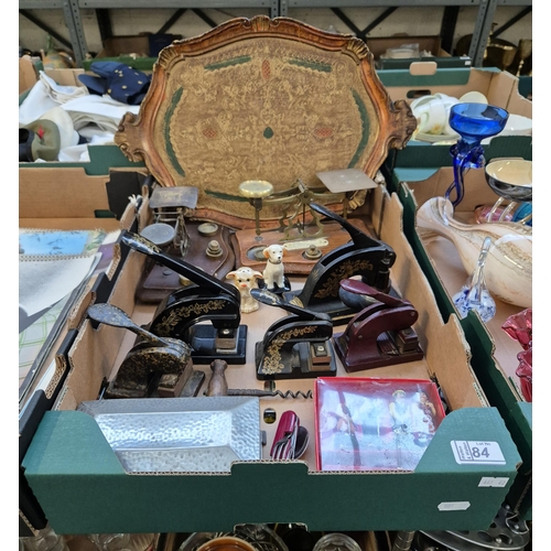 84 - Box containing vintage embossing stamps and scales etc