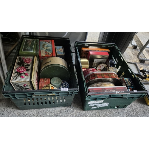 280 - 2 Crates containing collectible vintage tins