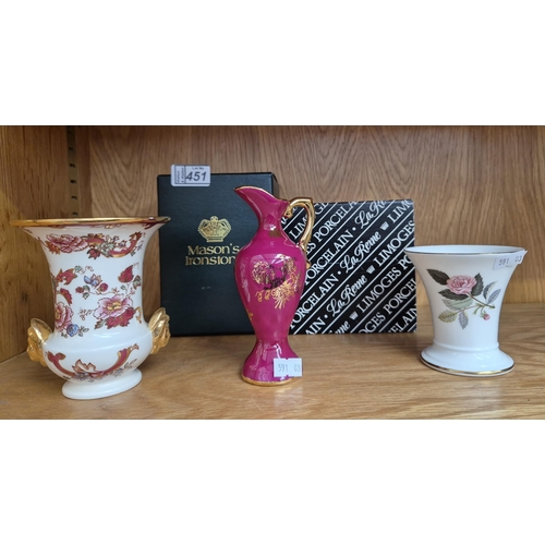 451 - Mason's Mandalay vase, small Limoges jug (both boxed) and a Wedgwood Hathaway Rose vase