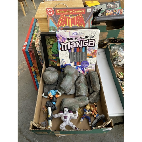 480 - Box containing Dragon Ball figures, Marvel & DC box prints and a Manga drawing set