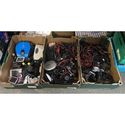 498 - 3 Boxes containing headphones, Sat Navs, cables, DAB radios etc