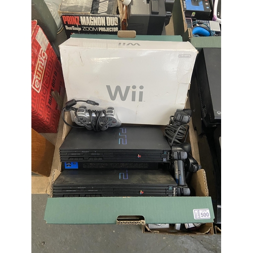 500 - Box containing a Nintendo Wii and PlayStation 2 consoles with controllers