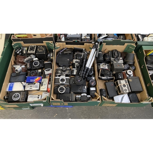 503 - 3 Boxes containing vintage cameras and accessories including Kodak, Pentax etc