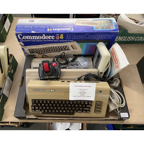 517 - Box containing Commodore 64 items including 3 computers, C64 PSU etc