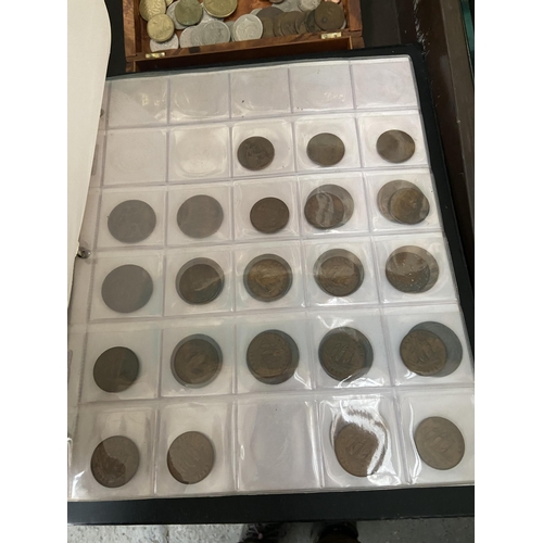 554 - Box containing assorted coins and notes, and a coin album