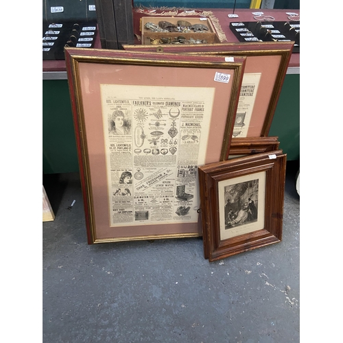 599 - 2 Vintage framed and glazed advertising prints and others