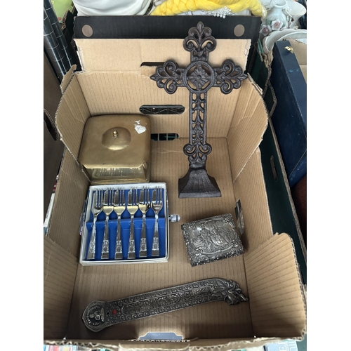 117 - Box containing a cast crucifix, plated trinket box and cutlery