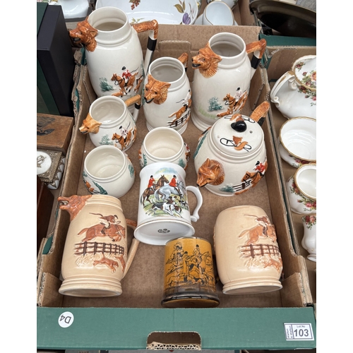 103 - Box containing vintage fox and hound jug set by Paramount Pottery Co