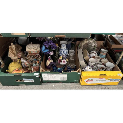 119 - 3 Boxes containing a Pendelfin house, ceramics, ornaments and glass pebbles etc