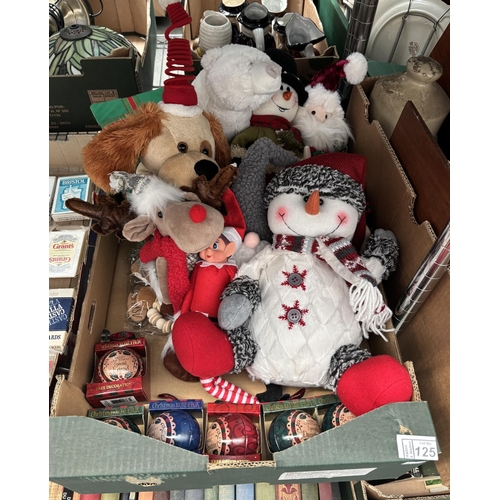 125 - Box containing Christmas soft toys including snowmen and a polar bear