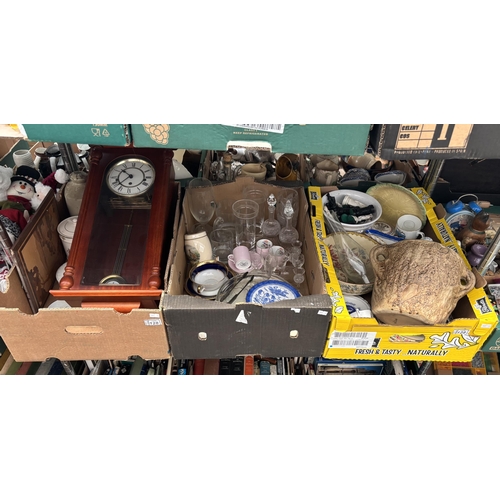 128 - 3 Boxes containing a wall clock, Colclough China and chess pieces