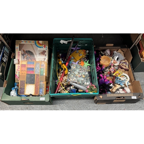132 - 3 Boxes containing assorted cat ornaments and a Peg A Picture set etc