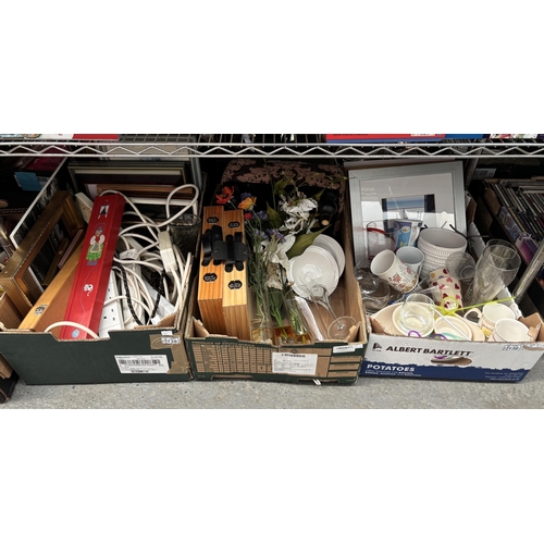 138 - 3 Boxes containing household items including extension leads and mugs
