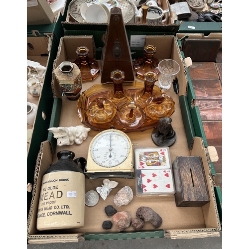 139 - Box containing a metronome, amber glass dressing table set and a Smiths Timer
