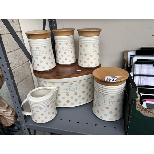 145 - Quantity of vintage 'spotted' counter top kitchenware