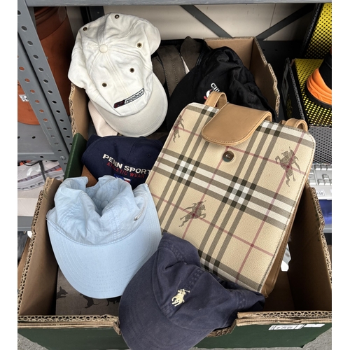 156 - Box containing a quantity of retro hats and bags, including Nike and Ralph Lauren