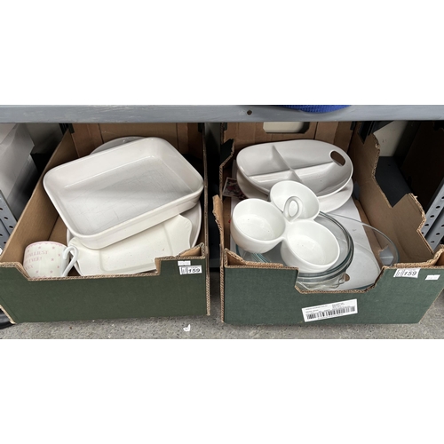 159 - 2 Boxes containing kitchenware including serving trays and platters etc