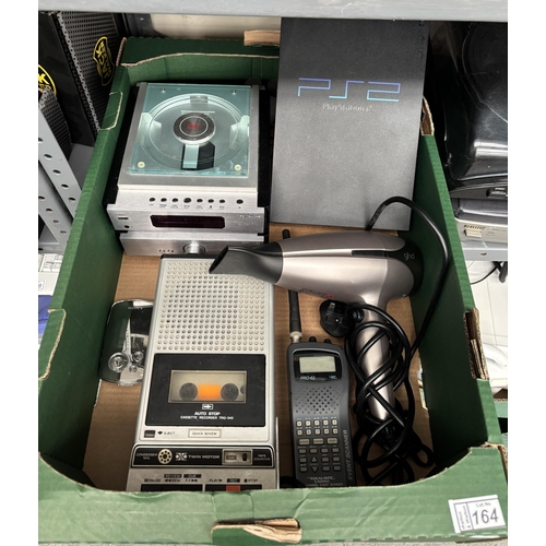 164 - Box containing electronics including a PS2, vintage Hitachi tape recorder, Sony Walkman etc