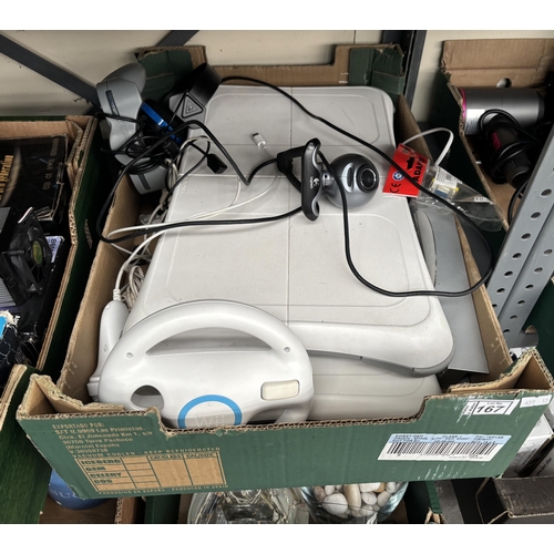 167 - Box containing 2 Wii balance boards and other electronics