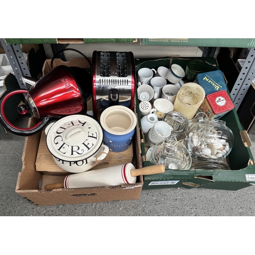 168 - 2 Boxes containing kitchenware, including a toaster, kettle, and a ceramic rolling pin etc