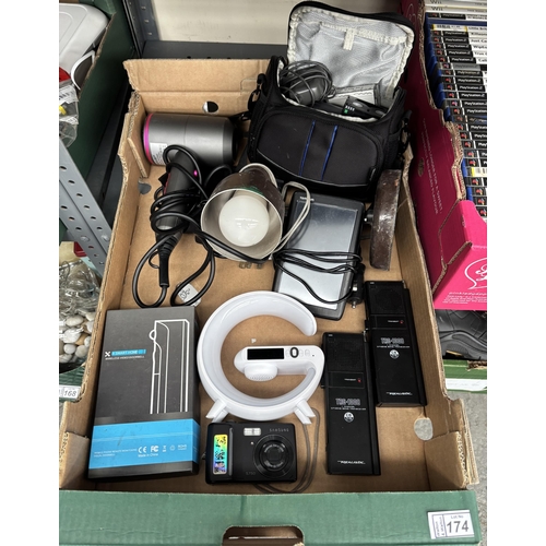 174 - Box containing electronics including Realistic transceivers, wireless doorbell, TomTom sat nav etc