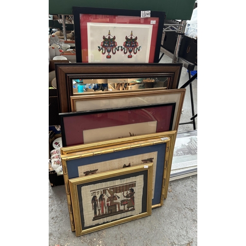 240 - Bevel edged mirror and a quantity of Egyptian artwork etc