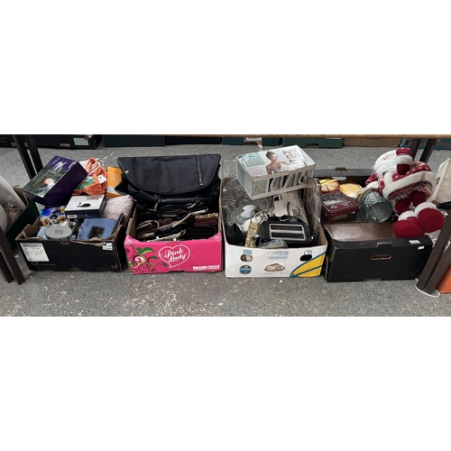 244 - 4 Boxes containing a Fujifilm digital camera, ladies bags and purses and a deep heat massager etc