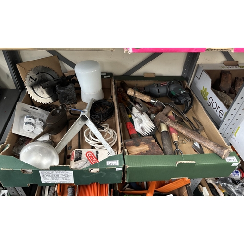 262 - 2 Boxes containing hand tools and a power drill