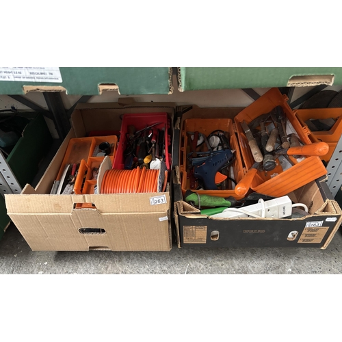 263 - 2 Boxes containing a cable reel and assorted tools