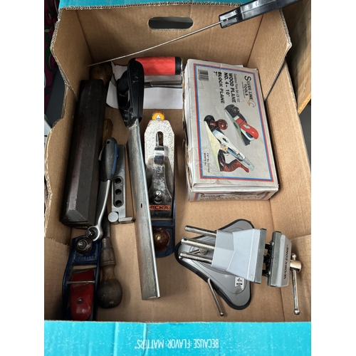 268 - Box containing tools including wood planes, hand saws etc