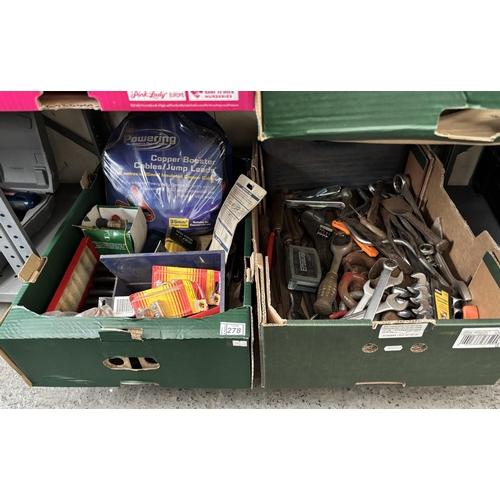278 - 2 Boxes containing tools including spanners, jump leads etc