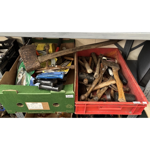 283 - 2 Boxes containing hand tools and a large vintage axe