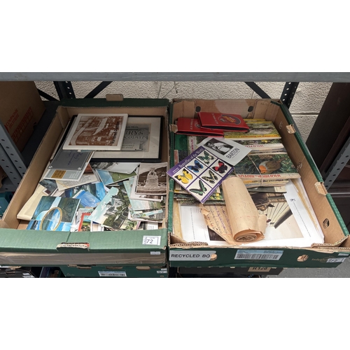 72 - 2 Boxes containing postcards, ephemera and cigarette card albums