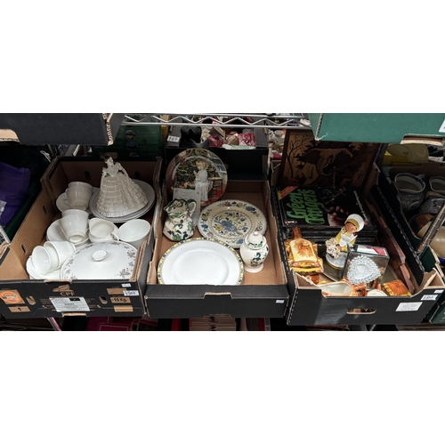 85 - 3 Boxes containing a Coalport figurine, cottage ware and a Mason's Chartreuse jug etc