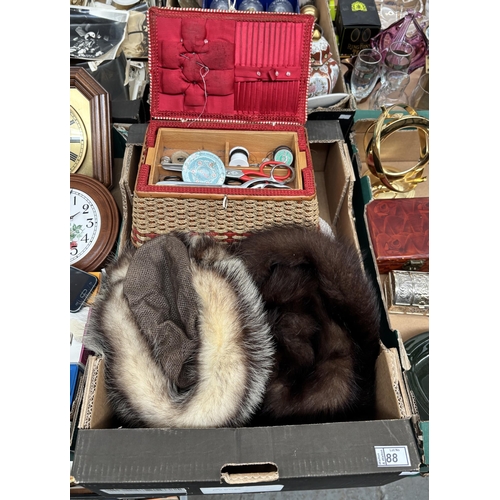 88 - Box containing fur hats and a sewing box with contents